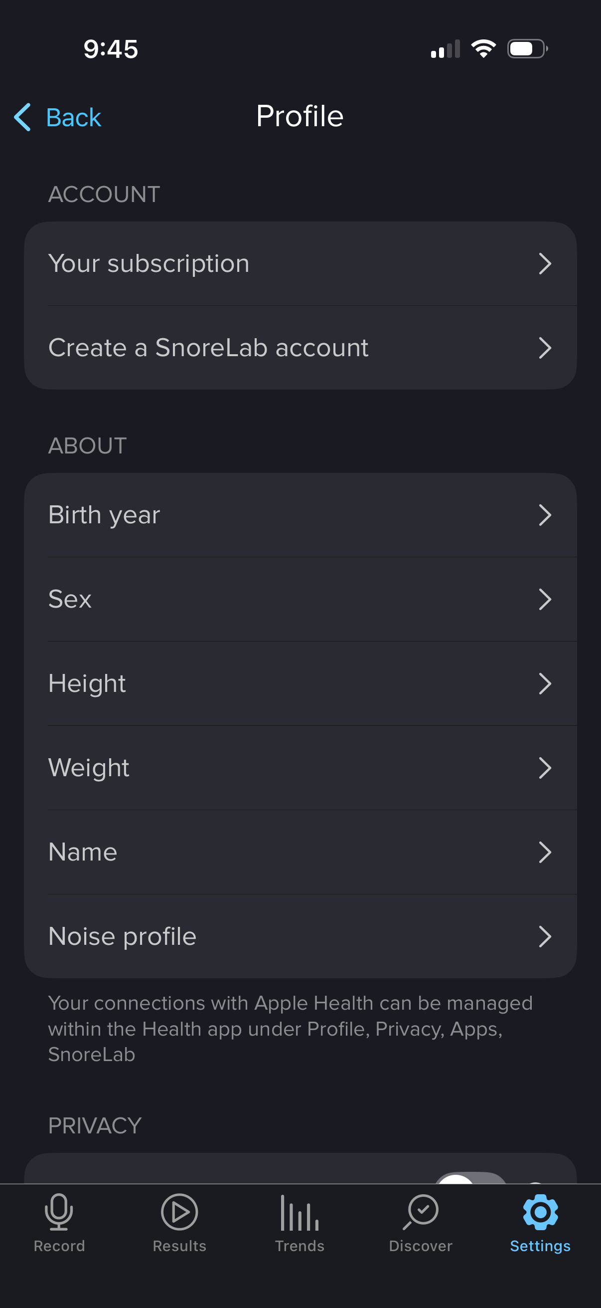 snorelab settings screenshot